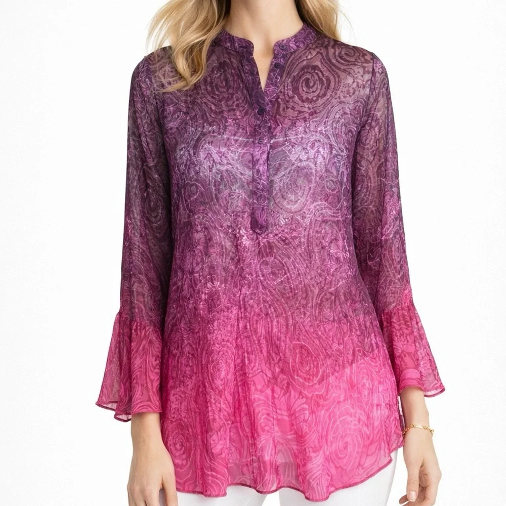 Elie Tahari Silk Blend Ombre Blouse Pink Purple Paisley Sheer Tunic Top